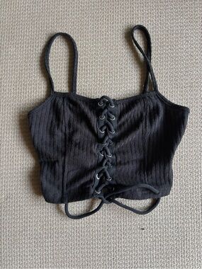 SHEIN Black Ribbed Lace-Up Spaghetti Strap Crop Top
